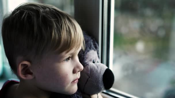 Little Boy Smiling Looking Out Window Child Looks Out Window — Stock Video