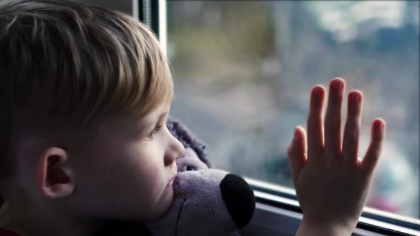 Ένα Όμορφο Μικρό Ξανθό Αγόρι Κοιτάζοντας Έξω Ένα Ηλιόλουστο Παράθυρο — Αρχείο Βίντεο