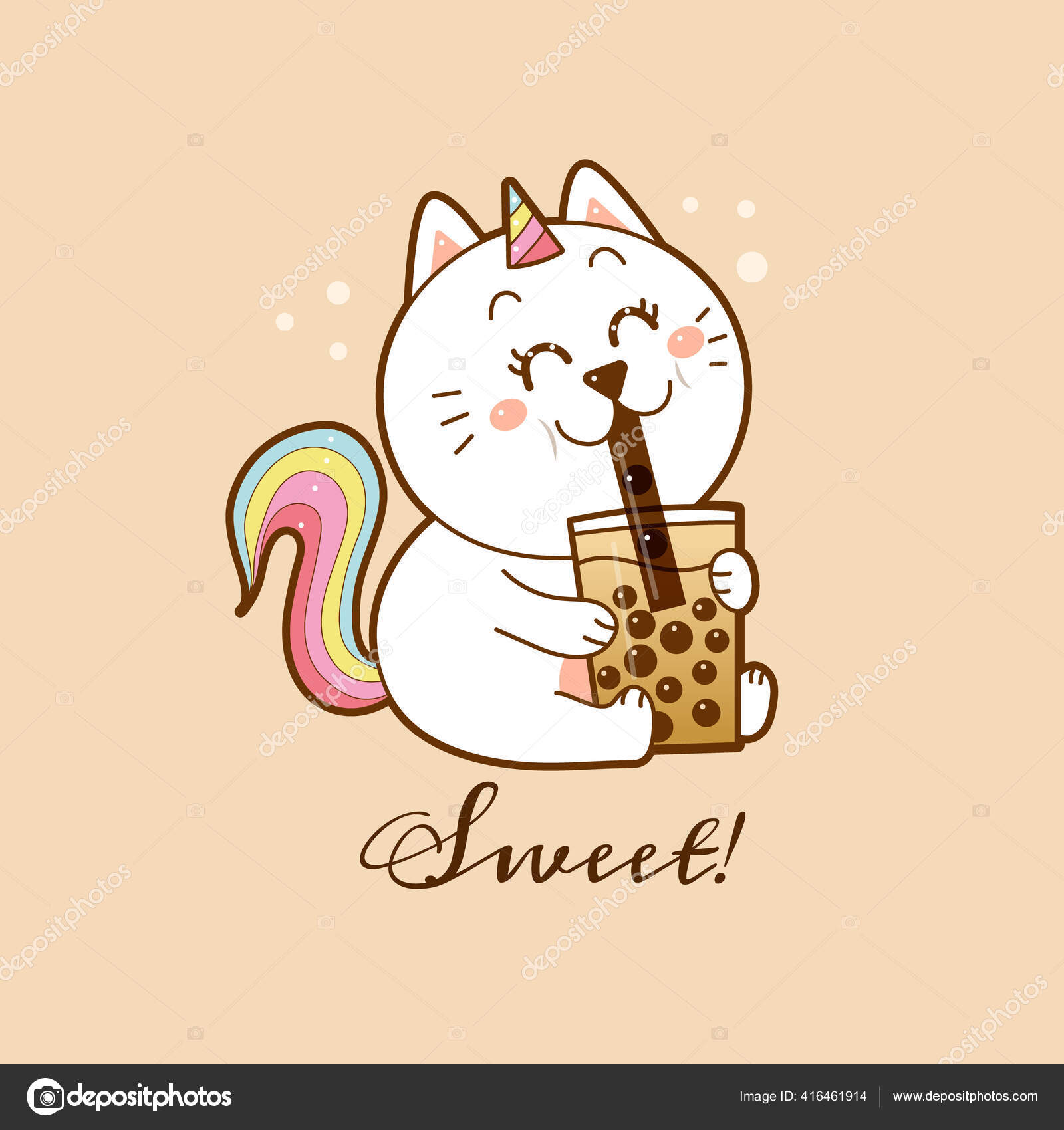 Cute Unicorn Rainbow Cat Drinking Boba Tea Vector Illustration Vector Image By Knocknack Vector Stock 416461914