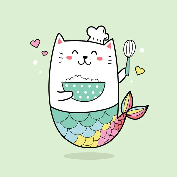 Cute Syrenka Kot Gotować Tęczą Ryb Ogon Miska Ryżu Wektor — Wektor stockowy
