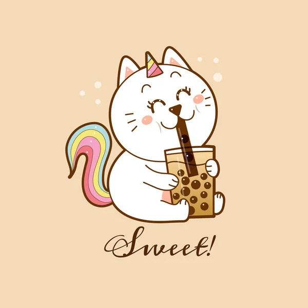 Cute Jednorożec Tęcza Kot Picia Boba Herbata Wektor Ilustracja — Wektor stockowy
