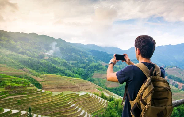 Homme Prenant Des Photos Superbe Asiatique Riz Terrasse Vue Paysage — Photo