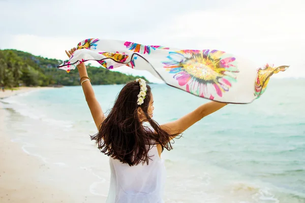 Girl Running Beach Scarf Back View — Stock Photo, Image