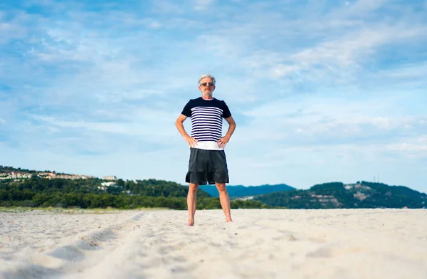 Senior Man Doing Stretching Exercises Beach Sport Abstract — Stock Photo, Image