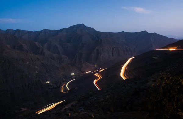 Světelné Stopy Džabal Jais Horské Silnici Noci Spojené Arabské Emiráty — Stock fotografie