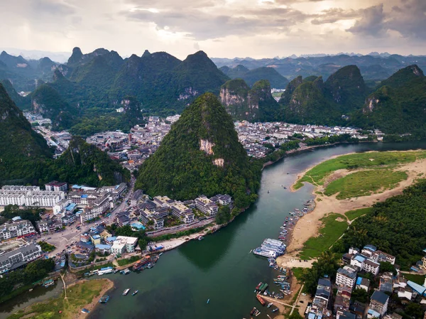 Yangshuo Megye Folyó Légifelvételek Guilin Kína — Stock Fotó