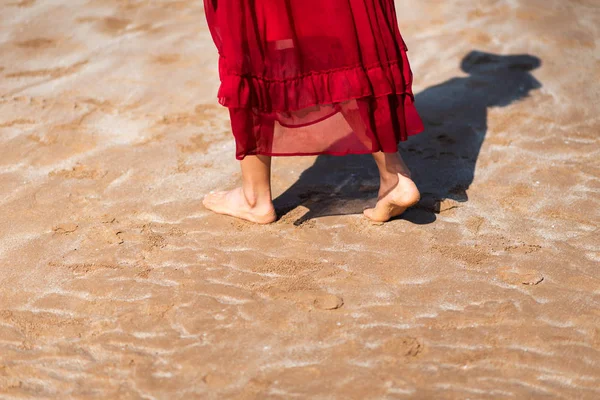 Woman Walking Seaside Wearing Red Dress Closeup — Stock Photo, Image