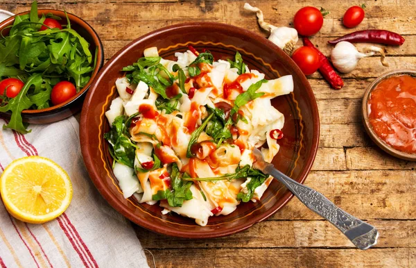 Pastas Caseras Con Rúcula Servidas Plato —  Fotos de Stock