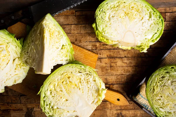 Sliced Raw Cabbage Wooden Table — Stock Photo, Image