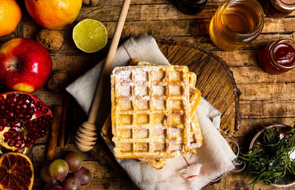 Homemade Waffles Served Fruits Honey Top View — Stock Photo, Image