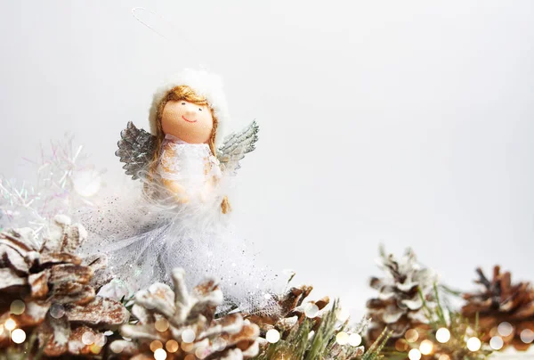 Toy Angel Christmas Background Pinecones Fir Tree — Stock Photo, Image