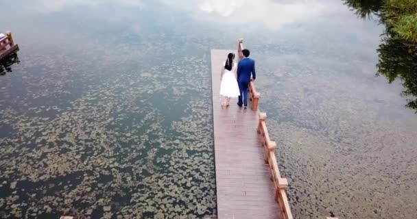 Joyeux Couple Bord Lac Vue Aérienne — Video