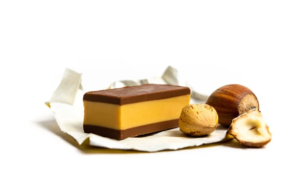 Barrette Nocciole Cioccolato Isolate Bianco — Foto Stock