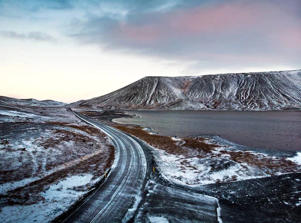 Lac Kleifarvatn Islande Hiver Avec Vue Aérienne Panoramique Sur Route — Photo