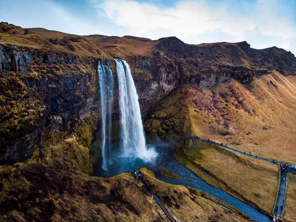 Krajobraz Wodospad Seljalandsfoss Islandii Sławny Widok Lotu Ptaka — Zdjęcie stockowe