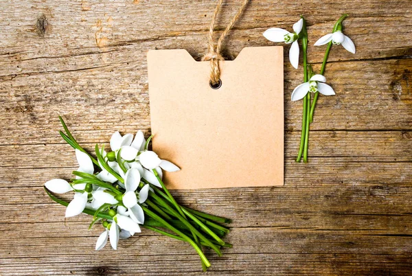 Flores Neve Cartão Nota Vazio Fundo Madeira — Fotografia de Stock