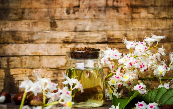 Эфирное Масло Каштана Бутылке Цветущие Цветы — стоковое фото