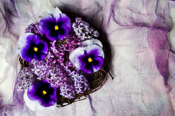 Violetta Blommor Arrangemang Lila Textil Ovanifrån — Stockfoto