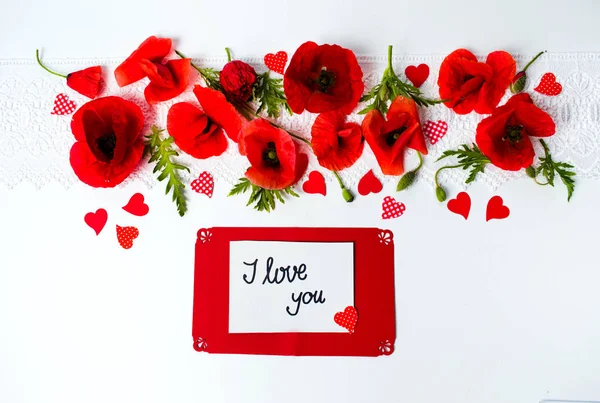 Love You Card Poppy Flowers White Background — Stock Photo, Image