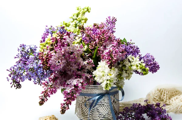 Buquê Flores Primavera Lilás Colorido Vaso — Fotografia de Stock