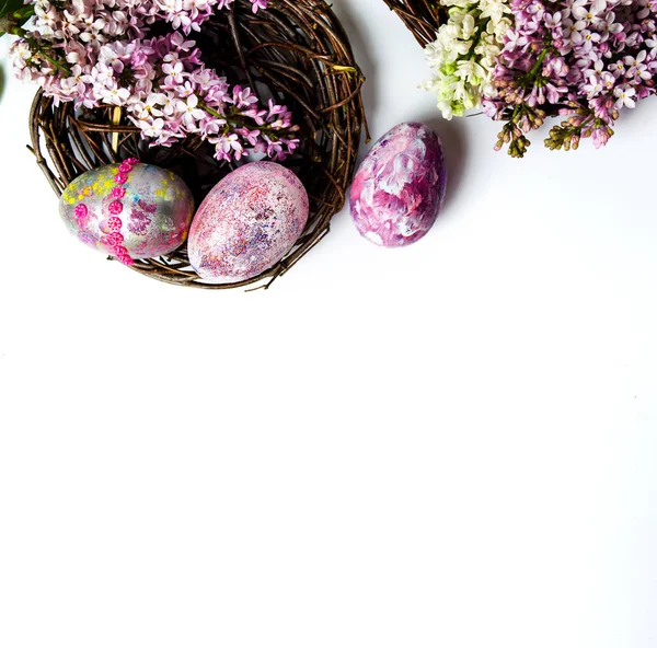 Пасхальні Яйця Різнокольорові Бузкові Квіти — стокове фото