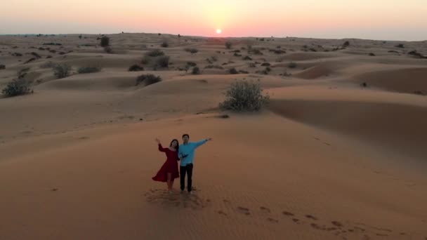 Feliz Pareja Disfrutando Vista Aérea Del Atardecer Del Desierto — Vídeo de stock