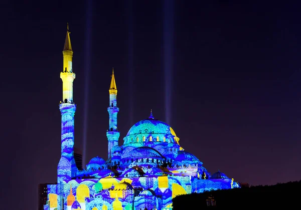 Osvětlené Mešita Sharjah Spojené Arabské Emiráty Lehké Festivalu — Stock fotografie