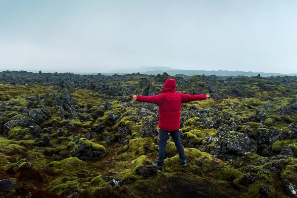 Hombre disfrutando de la vista del campo de lava en Islandia — Foto de Stock