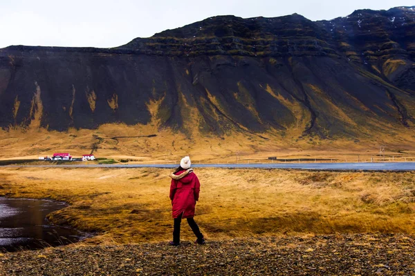 Mulher desfrutando deslumbrante paisagem islandesa — Fotografia de Stock