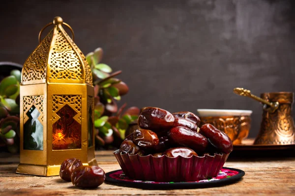 Dates and Arabic style lamp with copy space