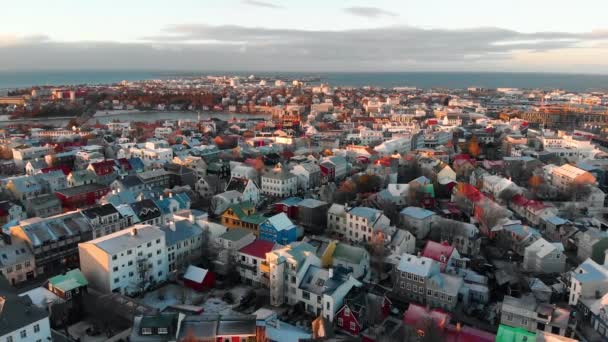 Reykjavik Aerial Skyline Bilder Huvudstaden Island Vid Solnedgången — Stockvideo