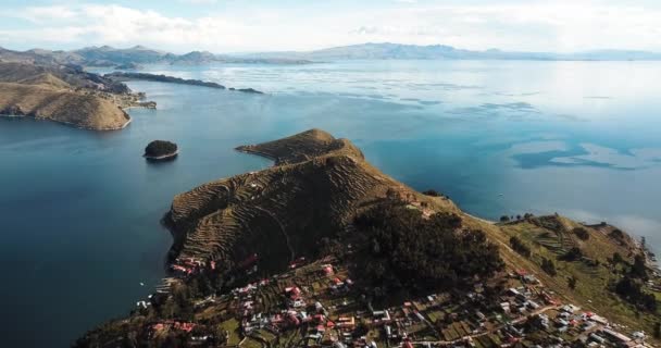 Island Sun Lake Titicaca Bolivia Aerial Footage — Stock Video
