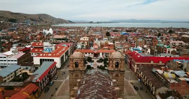 Plaza Armas Puno Con Lago Titicaca Fondo — Vídeo de stock