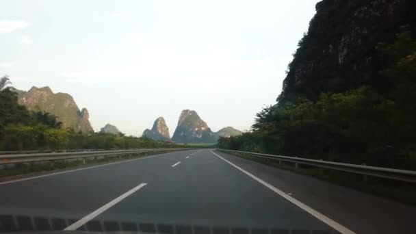 Driving Rice Fields Karst Rocks Guangxi Province China Point View — Stock Video