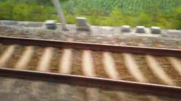 Movimiento Borroso Vía Férrea Durante Viaje Tren Rápido — Vídeo de stock