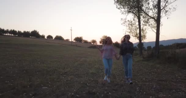 Zwei Modische Mädchen Die Bei Sonnenuntergang Auf Dem Feld Laufen — Stockvideo