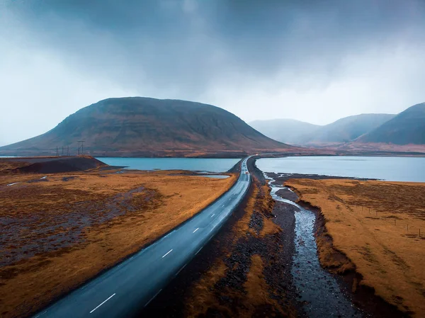 Route Panoramique Vide Islande Avec Paysage Unique Temps Lunaire Dans — Photo