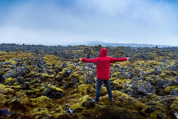 Solo Viajante Masculino Visitando Vistas Panorâmicas Campo Lava Islândia — Fotografia de Stock