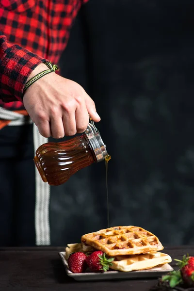 Man Adding Honey Fresh Baked Waffle Dessert — Stock Photo, Image