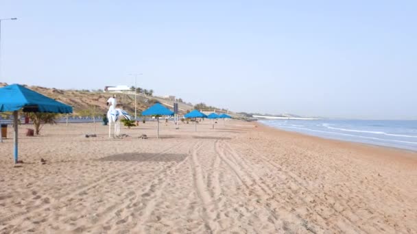阳光灿烂的一天 阿拉伯联合酋长国Ras Khaimah的火烈鸟沙城海滩 — 图库视频影像