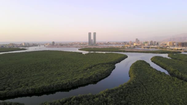 Ras Khaimah Emirat Stadsbilden Stiger Över Mangroven Förenade Arabemiraten Antenn — Stockvideo