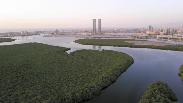 Ras Khaimah Emirat Stadsbilden Stiger Över Mangroven Förenade Arabemiraten Antenn — Stockvideo