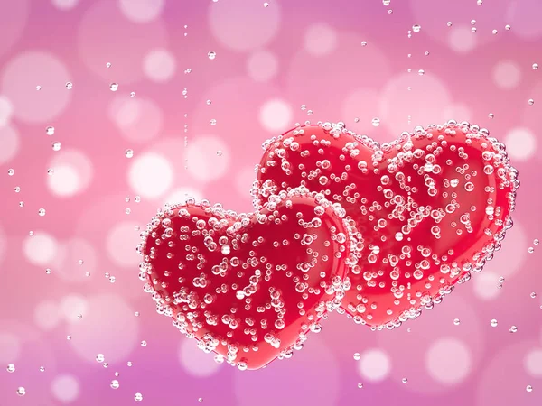 Two red hearts in champagne bubbles