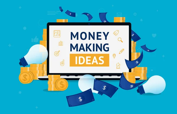 Money Making Ideas Laptop Money All Coins Dollar Bills Hobby — Stock Vector