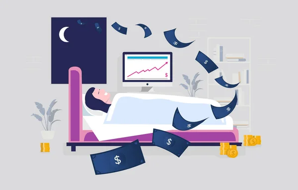 Uyurken Pasif Gelir Yatak Odasında Yatakta Uzanmış Gökten Para Düşerken — Stok Vektör