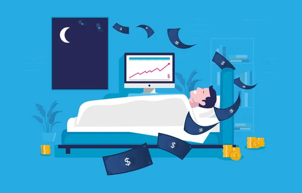 Zarabiaj Pieniądze Podczas Snu Mężczyzna Sypialni Śpi Łóżku Pieniądze Latają — Wektor stockowy