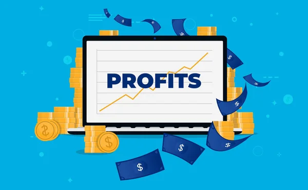 Profits Computer Screen Showing Profits Graph Big Text Surrounded Pile — Stock Vector