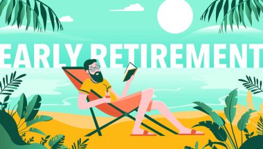 Erken emeklilik. Plajda elinde içkiyle kitap okuyan emekli bir adam. Endişe etmeden tatilin tadını çıkarıyorum. Tatil ve mutluluk konsepti, Vektör illüstrasyonu.