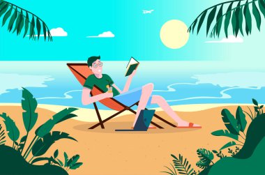 Genç bir adam kumsalda dinleniyor, kitap okuyor, kumda dizüstü bilgisayarla içki içiyor. Arka planda okyanus var ve güneş batıyor. Özgürlük, dinlenme ve tatil konsepti. Vektör illüstrasyonu.