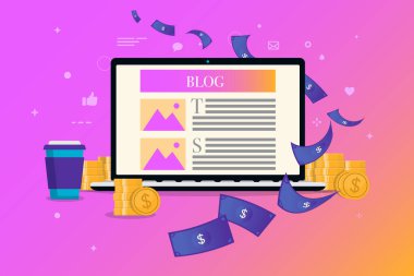 Blog parası - blog yazarak para kazan. Laptop, bozuk para ve kahve, para yağıyor. Etkili başarı, pasif gelir, vektör illüstrasyonunda zengin bir konsept elde etmek.
